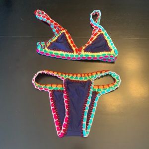 Navy blue/multi color swimsuit. Bikini. Top size: small, Bottom size: medium